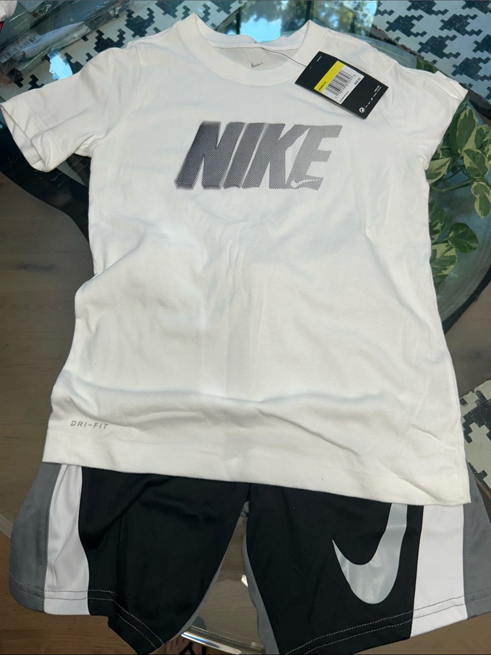 Nike White and Black Dri-FIT Tee with Black Athletic Shorts
